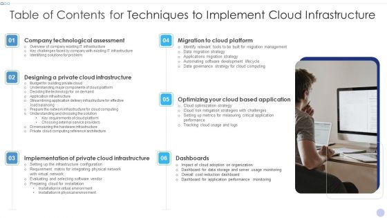 Table Of Contents For Techniques To Implement Cloud Infrastructure Summary PDF