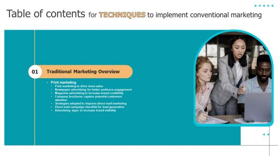 Table Of Contents For Techniques To Implement Conventional Marketing Icons PDF