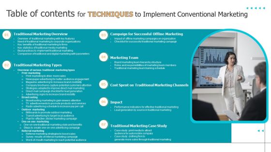 Table Of Contents For Techniques To Implement Conventional Marketing Ideas PDF