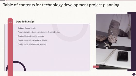 Table Of Contents For Technology Development Project Planning Slide Graphics PDF