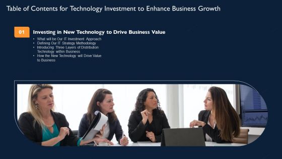 Table Of Contents For Technology Investment To Enhance Business Growth Value Designs PDF