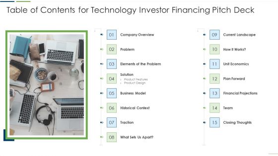 Table Of Contents For Technology Investor Financing Pitch Deck Clipart PDF Table Of Contents For Technology Investor Financing Pitch Deck Clipart PDF