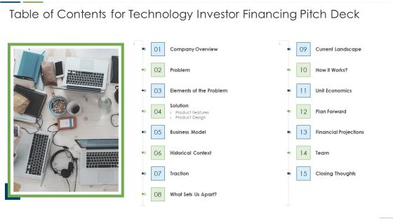 Table Of Contents For Technology Investor Financing Pitch Deck Clipart PDF