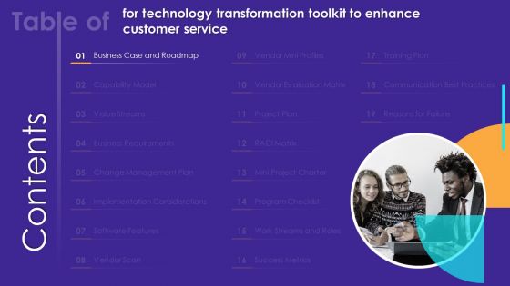 Table Of Contents For Technology Transformation Toolkit To Enhance Customer Service Value Sample PDF