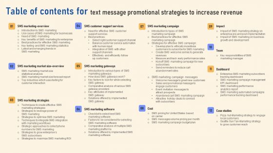 Table Of Contents For Text Message Promotional Strategies To Increase Revenue Download PDF