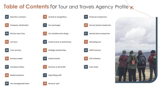 Table Of Contents For Tour And Travels Agency Profile Ideas PDF