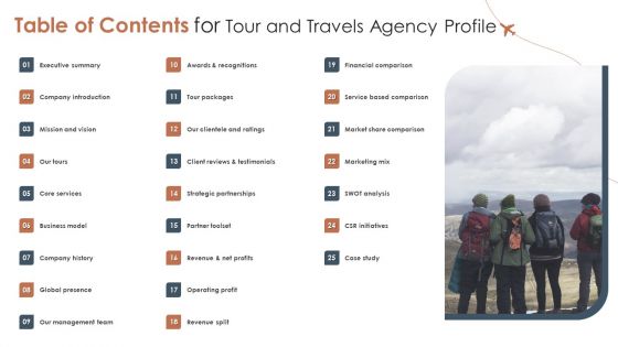 Table Of Contents For Tour And Travels Agency Profile Ideas PDF Table Of Contents For Tour And Travels Agency Profile Ideas PDF