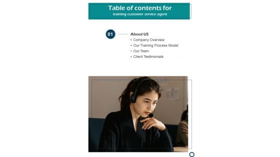 Table Of Contents For Training Customer Service Agent One Pager Sample Example Document