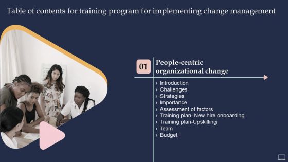 Table Of Contents For Training Program For Implementing Change Management Summary PDF