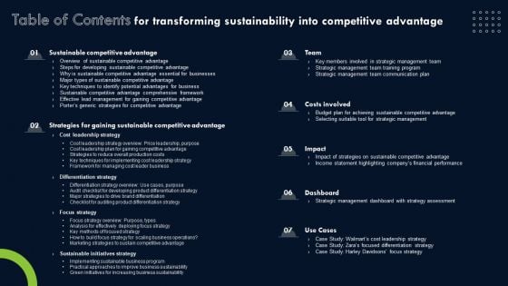 Table Of Contents For Transforming Sustainability Into Competitive Advantage Demonstration PDF