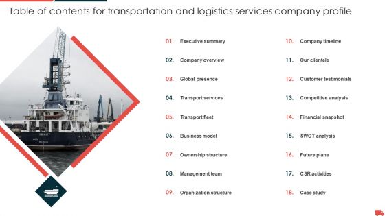Table Of Contents For Transportation And Logistics Services Company Profile Microsoft PDF Table Of Contents For Transportation And Logistics Services Company Profile Microsoft PDF