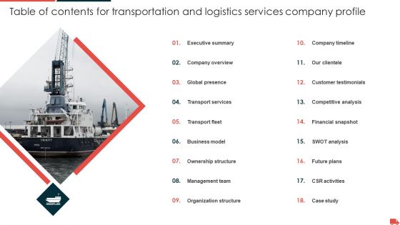 Table Of Contents For Transportation And Logistics Services Company Profile Microsoft PDF