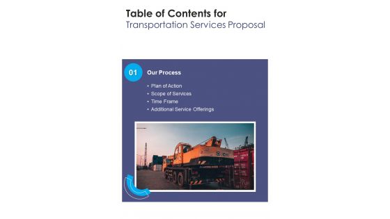 Table Of Contents For Transportation Services Proposal One Pager Sample Example Document Table Of Contents For Transportation Services Proposal One Pager Sample Example Document