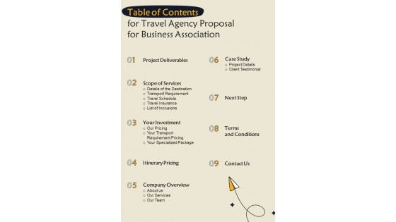 Table Of Contents For Travel Agency Proposal For Business Association One Pager Sample Example Document Table Of Contents For Travel Agency Proposal For Business Association One Pager Sample Example Document