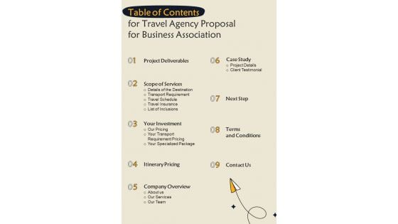 Table Of Contents For Travel Agency Proposal For Business Association One Pager Sample Example Document