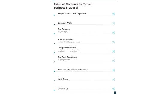 Table Of Contents For Travel Business Proposal One Pager Sample Example Document