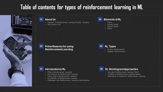 Table Of Contents For Types Of Reinforcement Learning In ML Background PDF