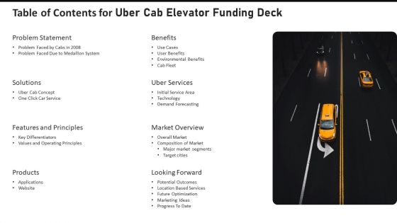 Table Of Contents For Uber Cab Elevator Funding Deck Ppt Ideas Files PDF