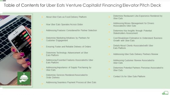 Table Of Contents For Uber Eats Venture Capitalist Financing Elevator Pitch Deck Microsoft PDF Table Of Contents For Uber Eats Venture Capitalist Financing Elevator Pitch Deck Microsoft PDF