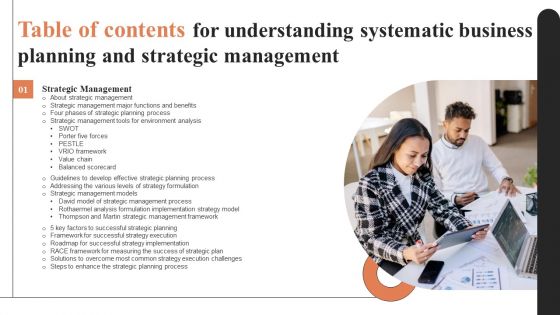 Table Of Contents For Understanding Systematic Business Planning And Strategic Management Ppt Deck PDF