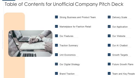 Table Of Contents For Unofficial Company Pitch Deck Graphics PDF