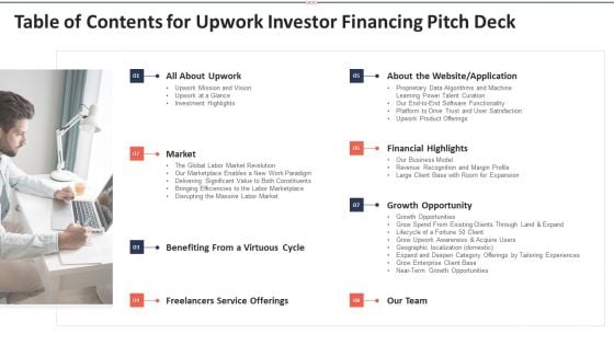 Table Of Contents For Upwork Investor Financing Pitch Deck Brochure PDF