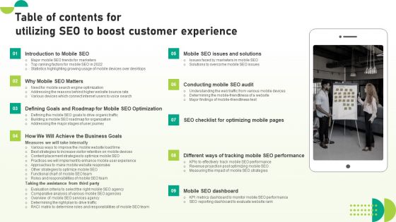 Table Of Contents For Utilizing SEO To Boost Customer Experience Professional PDF