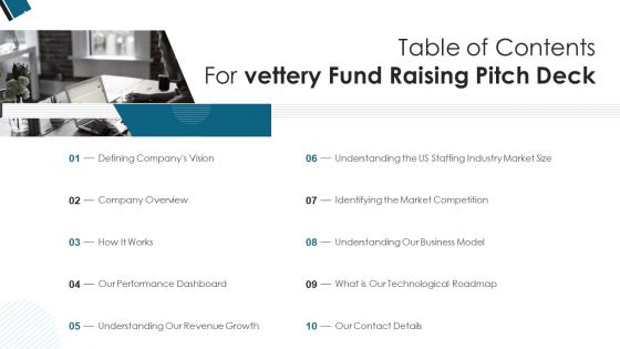 Table Of Contents For Vettery Fund Raising Pitch Deck Ppt PowerPoint Presentation Styles Influencers PDF