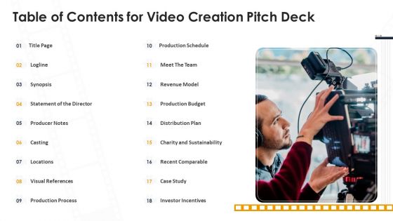 Table Of Contents For Video Creation Pitch Deck Ppt Infographics Outfit PDF