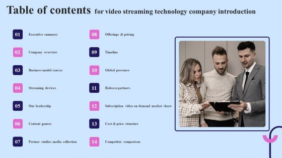 Table Of Contents For Video Streaming Technology Company Introduction Rules PDF