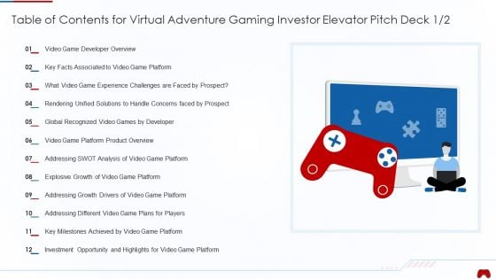 Table Of Contents For Virtual Adventure Gaming Investor Elevator Pitch Deck Analysis Ideas PDF