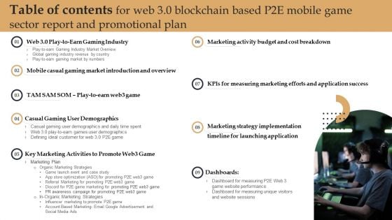 Table Of Contents For Web 3 0 Blockchain Based P2E Mobile Game Sector Report And Promotional Plan Introduction PDF