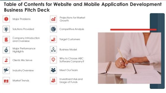 Table Of Contents For Website And Mobile Application Development Business Pitch Deck Mockup PDF