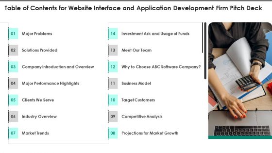 Table Of Contents For Website Interface And Application Development Firm Pitch Deck Icons PDF