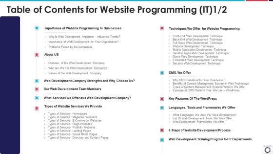 Table Of Contents For Website Programming IT Ppt PowerPoint Presentation File Grid PDF