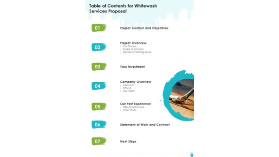 Table Of Contents For Whitewash Services Proposal One Pager Sample Example Document Table Of Contents For Whitewash Services Proposal One Pager Sample Example Document