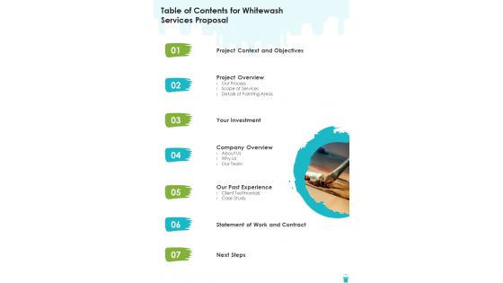 Table Of Contents For Whitewash Services Proposal One Pager Sample Example Document