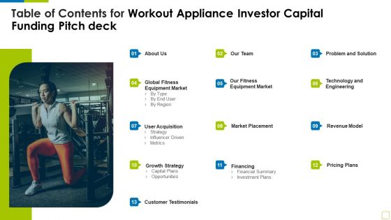 Table Of Contents For Workout Appliance Investor Capital Funding Pitch Deck Elements PDF