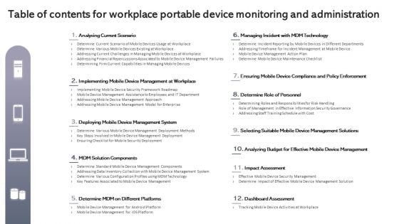 Table Of Contents For Workplace Portable Device Monitoring And Administration Inspiration PDF