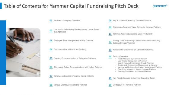 Table Of Contents For Yammer Capital Fundraising Pitch Deck Ideas PDF Table Of Contents For Yammer Capital Fundraising Pitch Deck Ideas PDF