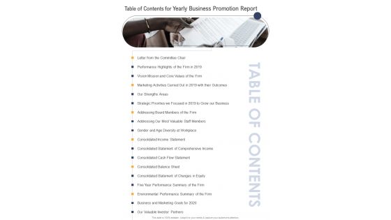 Table Of Contents For Yearly Business Promotion Report One Pager Documents Table Of Contents For Yearly Business Promotion Report One Pager Documents