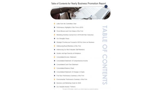 Table Of Contents For Yearly Business Promotion Report One Pager Documents