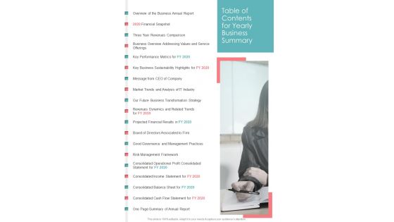 Table Of Contents For Yearly Business Summary One Pager Documents