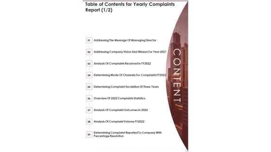 Table Of Contents For Yearly Complaints Report One Pager Documents