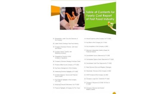 Table Of Contents For Yearly Cost Report Of Fast Food Industry One Pager Documents