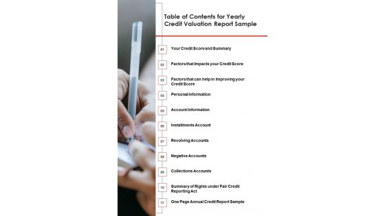 Table Of Contents For Yearly Credit Valuation Report Sample One Pager Documents