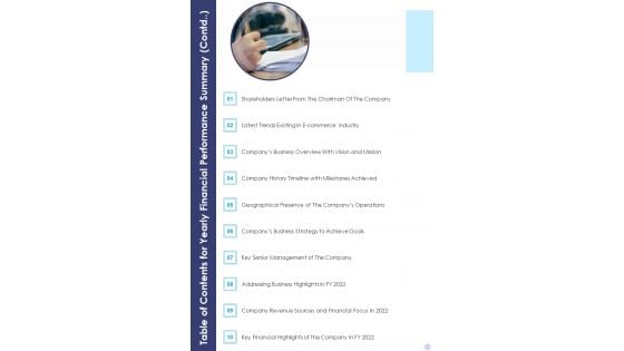 Table Of Contents For Yearly Financial Performance Summary Contd One Pager Documents