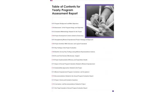 Table Of Contents For Yearly Program Assessment Report Template 123 One Pager Documents