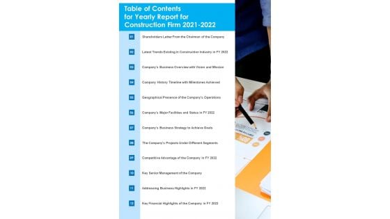 Table Of Contents For Yearly Report For Construction Firm 2021 2022 One Pager Documents