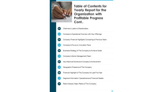 Table Of Contents For Yearly Report For The Organization With Profitable Progress Cont One Pager Documents